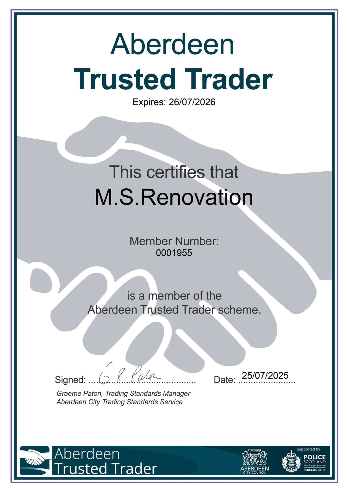 Aberdeen Trusted Trader Certificate
